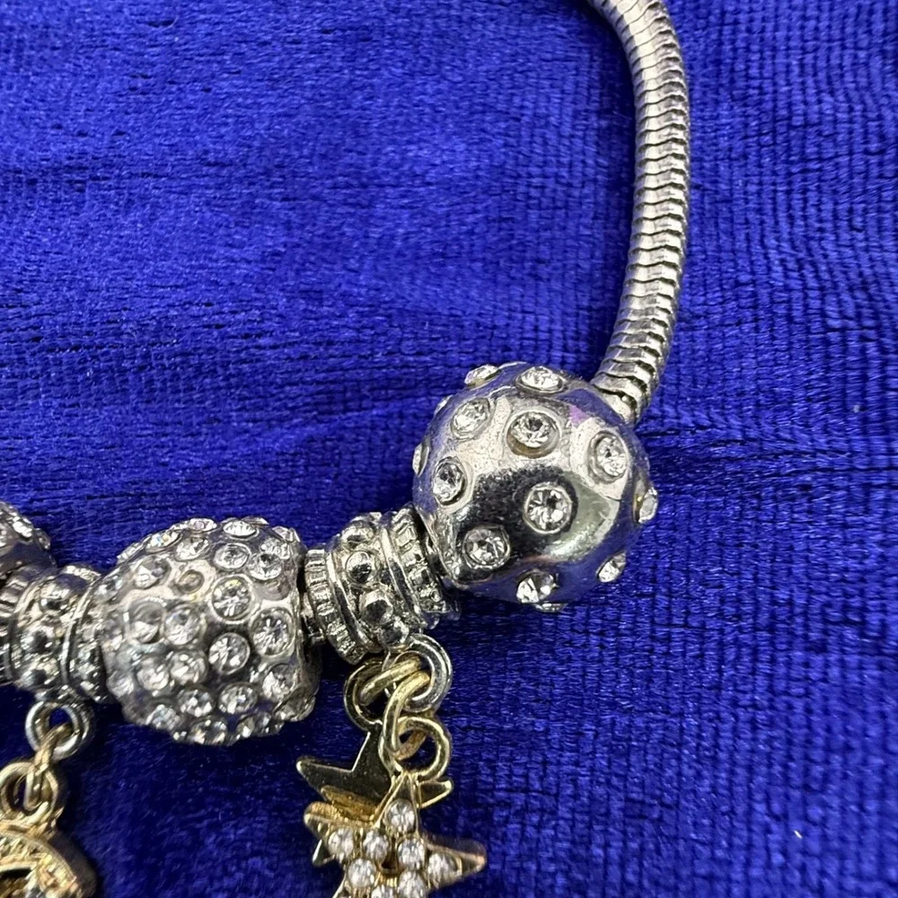 Charm Bracelet‎ Silver Tone Sun Moon Stars Slider Beaded Signed 7